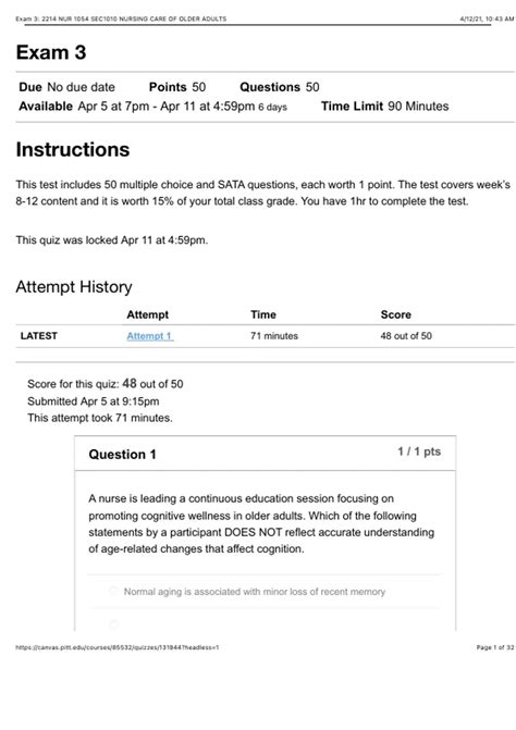 Exam 3: 2214 NUR 1054 SEC1010 NURSING CARE OF OLDER ADULTS: Score for ...