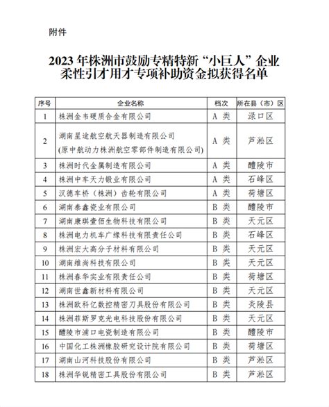 关于株洲市鼓励专精特新“小巨人”企业柔性引才用才专项补助拟获得对象的公示-株洲市人才信息化公共服务平台