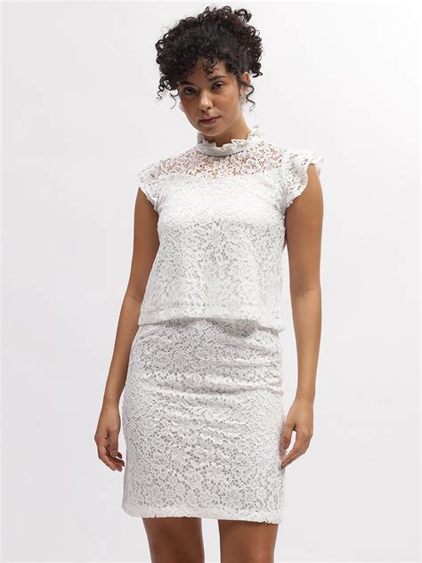 Shop Centre Stage Women White Self-Design Ruffle Neck Short Sleeves Top ...