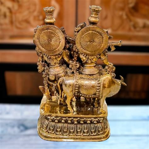 Buy Pure Brass Radha Krishna with cow 21 inches - Budhshiv.com