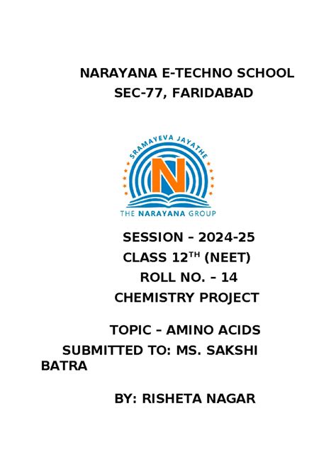 Risheta 12 Neet Amino Acid - NARAYANA E-TECHNO SCHOOL SEC-77, FARIDABAD ...