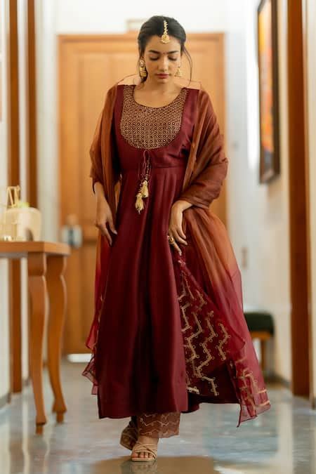 Buy Wine Silk Sequins Round Neck Charm Blossom Jaal Yoke Embroidered ...