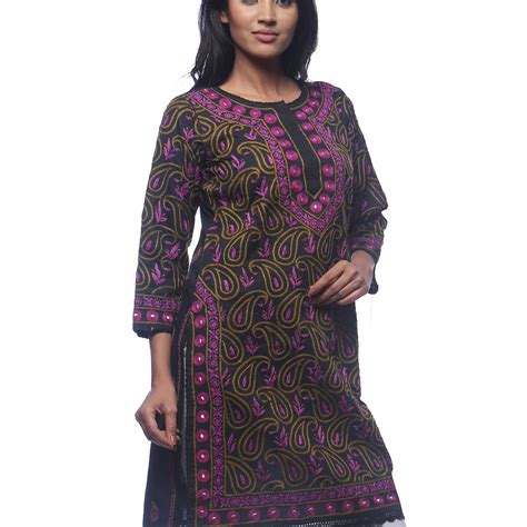 Seva Chikan Hand Embroidered Black Cotton Lucknowi Chikan Kurti-SCL030