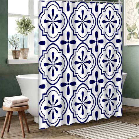 East Urban Home White Waterproof Shower Curtain,Tile Blue and Floral ...