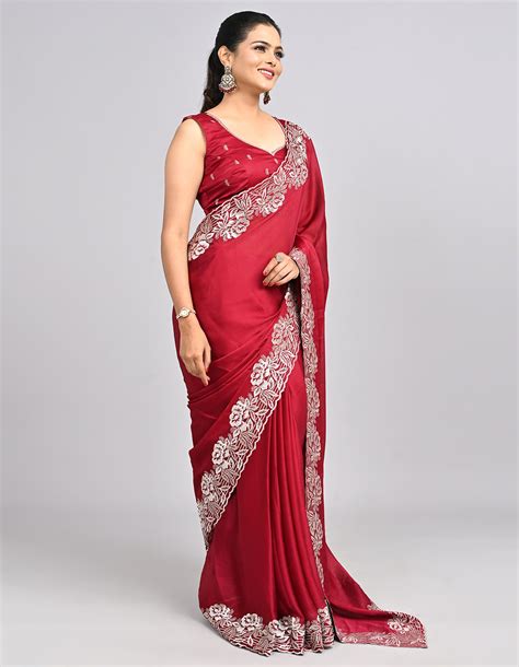 Ruhani – Red Chinnon Saree with Threadwork Border & Self-Coloured Blou ...