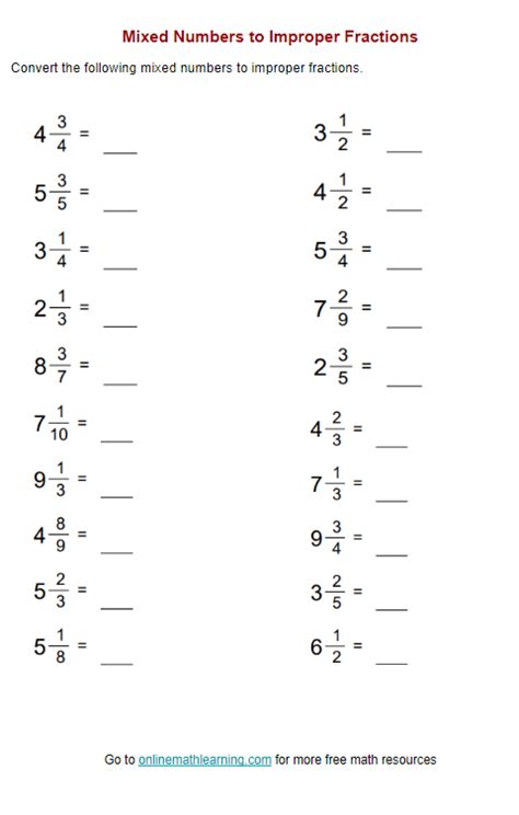 Image result for Mixed Number into Improper Fraction Worksheet