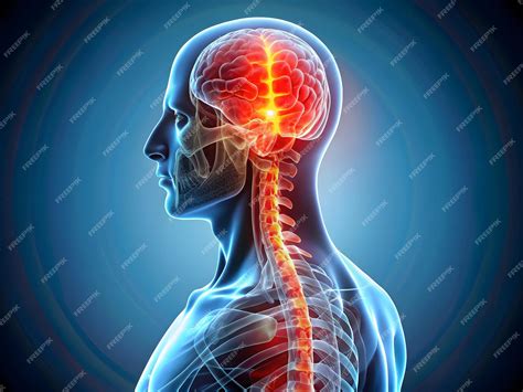 Medical 3D xray illustration of a human spine and brain painful nerves are highlighted in red ...