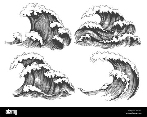 Sea waves sketch. Ocean wave set hand drawn doodle illustration, vector ...