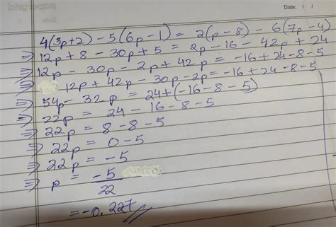 4(3p+2) - 5(6p-1) = 2(p-8) - 6(7p-4) - Brainly.in
