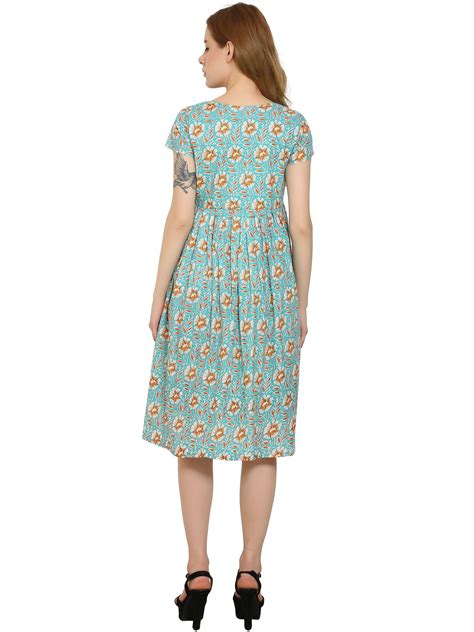 Teal Fit and Flare Cotton Maternity and Feeding Dress