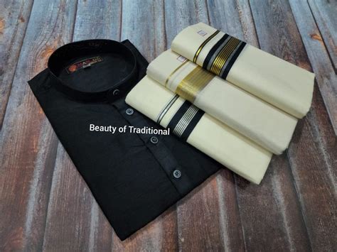 Onam Special South Indian Style Black Kurta with 3 Mundu Combo for Men ...
