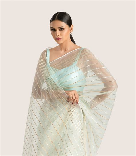 Mint Blue Organza Saree With Blouse Fabric – Tirumala Designers