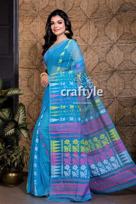 Sky Blue Handloom Dhakai Jamdani Saree – Craftyle