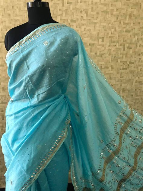 Sky Blue Cotton Chanderi Mukaish Saree – Dress365days