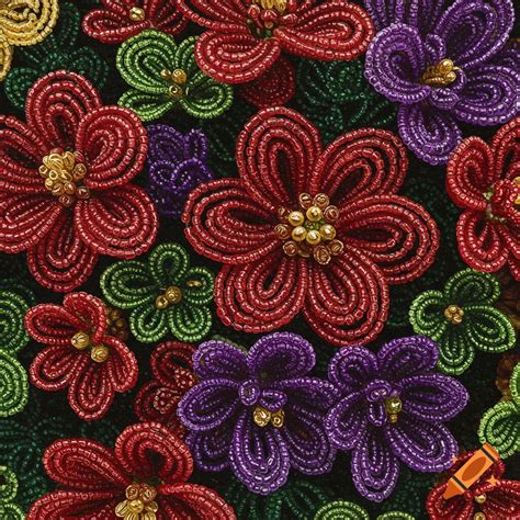 Beaded flowers in red, purple, green, and yellow on Craiyon