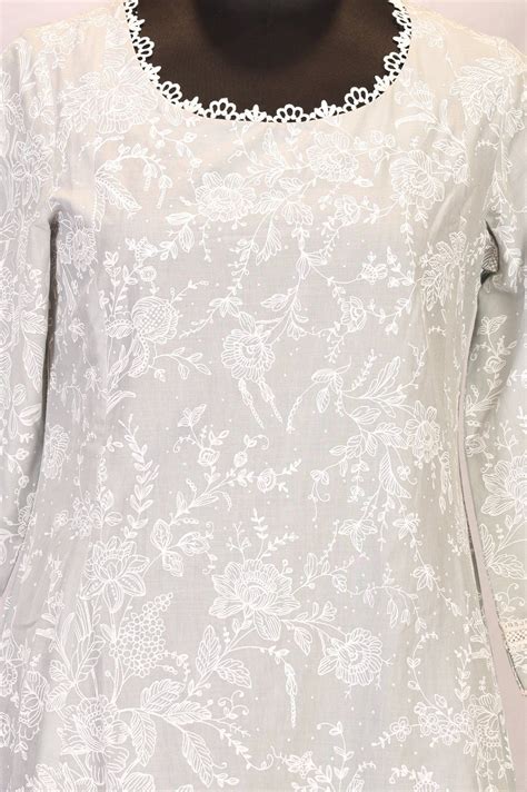 Buy Grey Floral Printed Pure Cotton A-line Kurta with Lace Online for ...