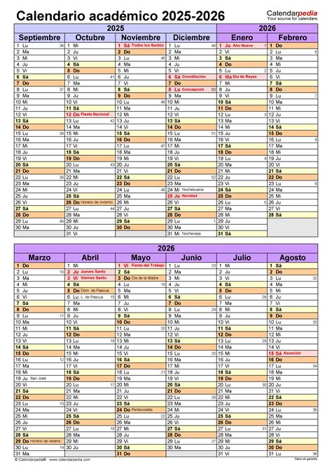 Calendario académico 2025-2026 en PDF, Excel y Word