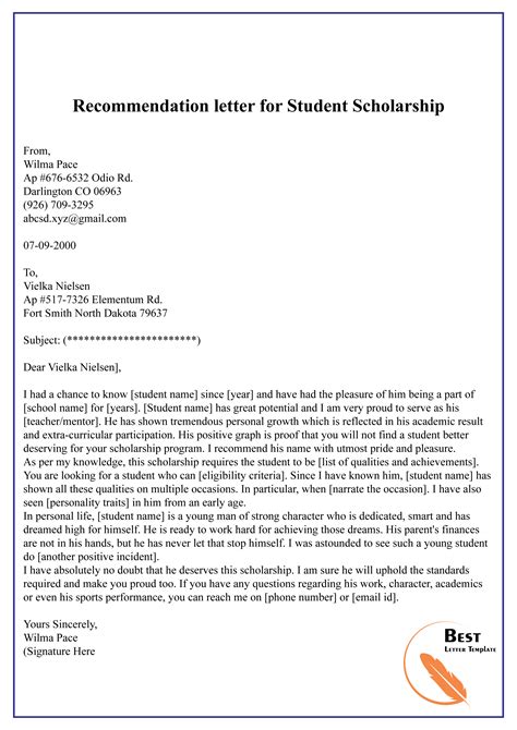 Letter Of Recommendation Scholarship Template
