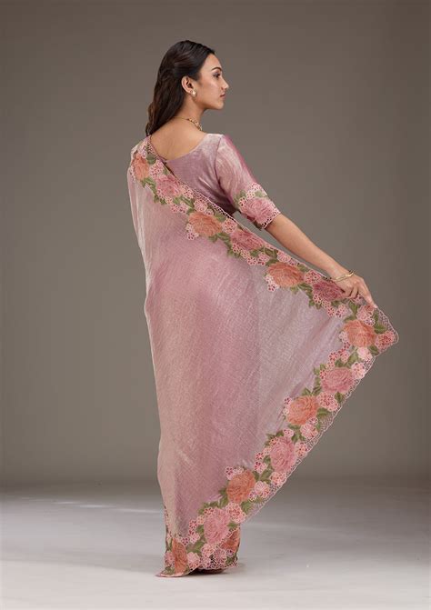 Buy Onion Pink Threadwork Tissue Saree - Koskii