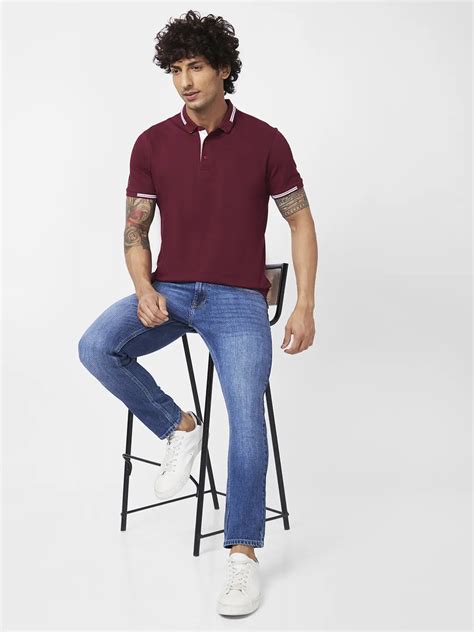 Buy Online|Spykar Men Wine Red Blended Slim Fit Half Sleeve Polo Neck ...