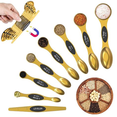 Supvox® Magnetic Measuring Spoons Set of 8, Dual Sided Gold Stainless ...