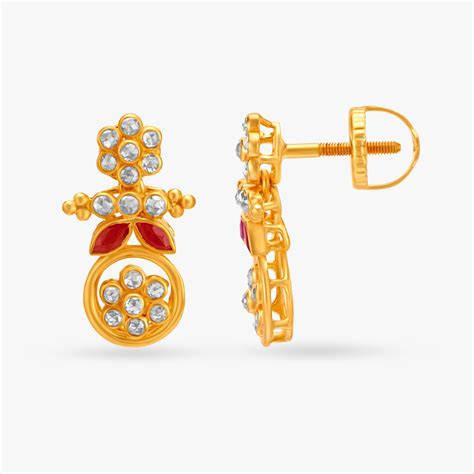 Graceful Floral Motif Ruby Gold Drop Earrings