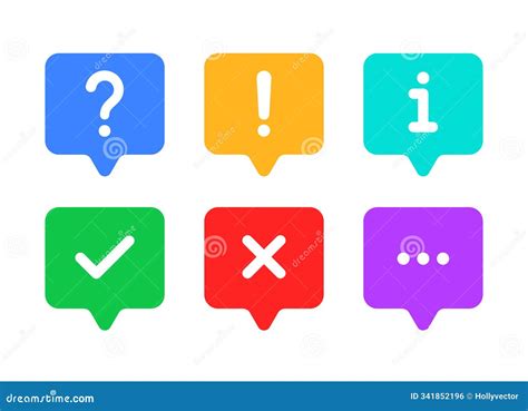 A Set of Six Icons Representing Common Interface Symbols a Question Mark, Exclamation Mark ...