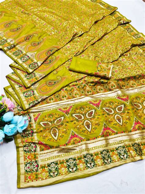Resplendent Mehndi Nylon Dola Pashmina Saree With Forbearance Blouse P ...