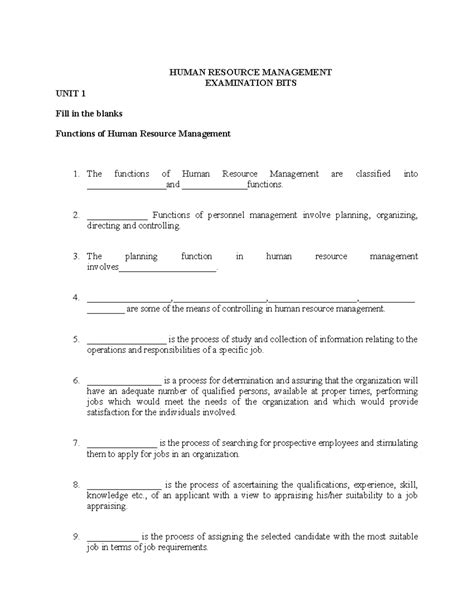 HRM Exam 20th Feb: Key Concepts, Fillers & MCQs - Studocu