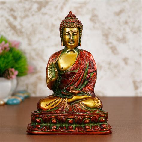 Golden and Red Premium Meditating Blessing Buddha Brass Antique ...
