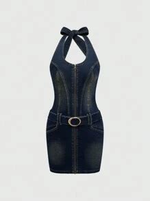ROMWE J-Fashion Women's Y2K Denim Halter Neck Sexy Dress | SHEIN USA