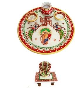 Handicraft Kingdom White Marble Plate For Pooja| Embossed Meenakari ...