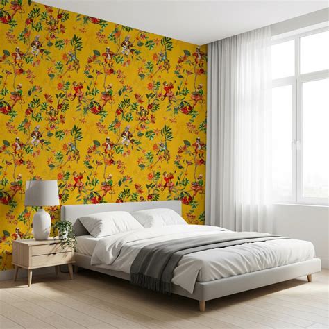 Whimsical Monkey Music Garden Yellow Floral Wallpaper
