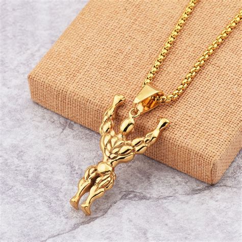 Gym Fitness Body Builder Wrestler Gold Stainless Steel Pendant Chain ...