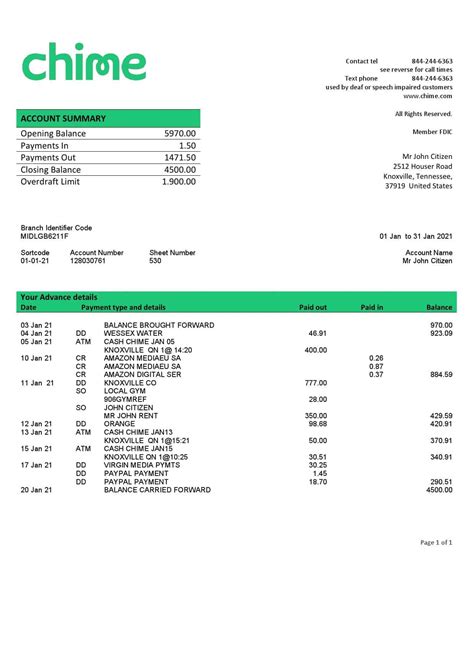USA San Francisco CHIME Bank Statement Template In Word And PDF Format