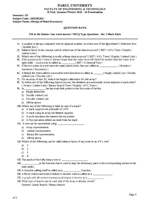DSA Final Question Bank - Page 1 of 2 PARUL UNIVERSITY FACULTY OF ...