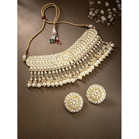 Etnico Gold Plated Traditional Kundan & Pearl Studded Bridal Choker Ne ...
