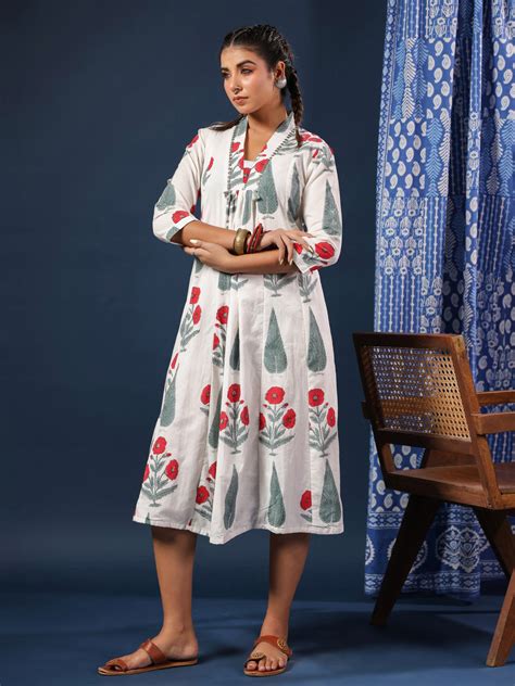 White Mughal Motif Handblock Printed Dress with Pockets & Lining ...