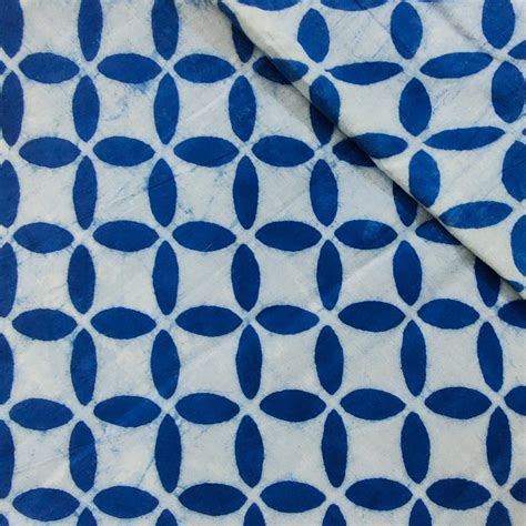Pure Cotton Light Indigo With Four Petal Hand Block Print Fabric ...