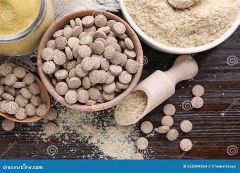 Flat Lay Composition with Different Types of Brewer`s Yeast on Wooden ...