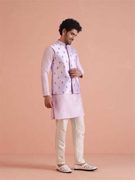 Buy KISAH Men Lilac Embroidery Silk Blend Nehru Jacket with Zari Design ...