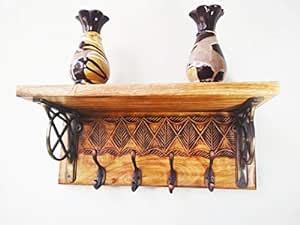 KnK Decor Engraved Wooden Wall Shelves with 4 Key Hangers Mounted on ...