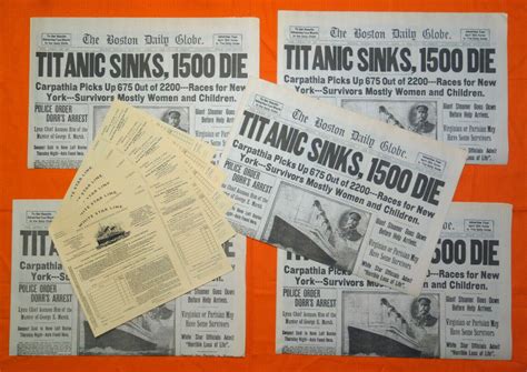 (Lot of 5) 1912 Titanic Boston Daily Globe Newspaper Reprint + 3rd Class Ticket