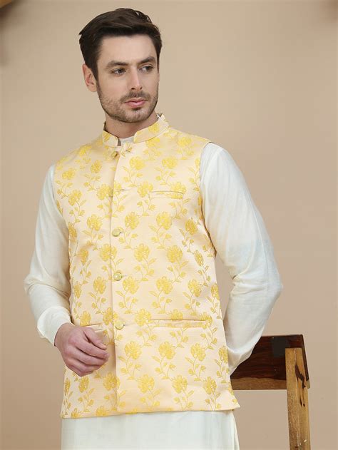 Embossed Nehru Jacket with Solid Kurta Set for Men – Jompers