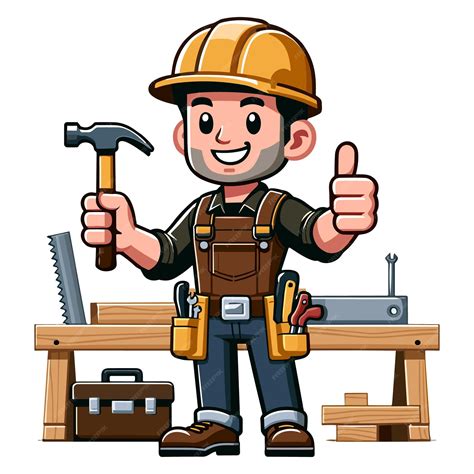 Premium Vector | Confident Carpenter with Hammer and Workbench Cartoon ...