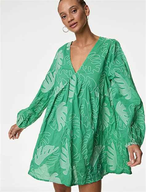 Buy Pure Cotton Embroidered V-Neck Mini Beach Dress at Marks & Spencer