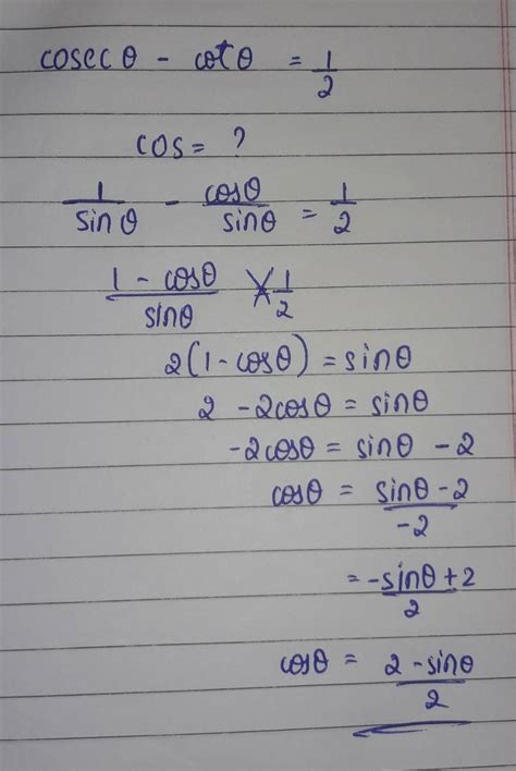 if cosec theta - cot theta = 1/2 then, find cos theta. - Brainly.in