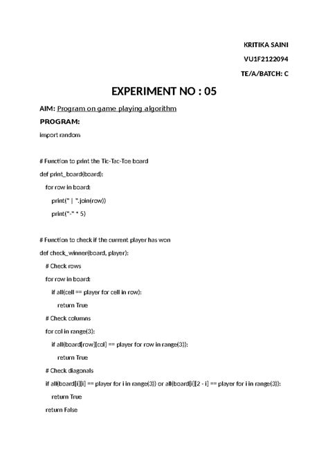 gaming alogrithm - KRITIKA SAINI VU1F TE/A/BATCH: C EXPERIMENT NO : 05 ...