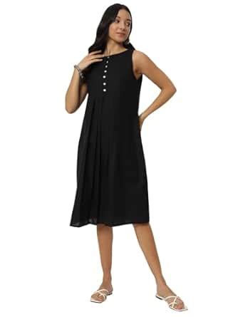 Buy 9rasa Women's Cotton Pleated Button Dress for Casual Evenings ...