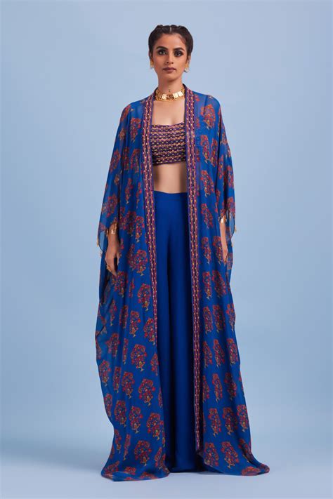 Blue Cord & Cutdana Embroidered Bustier Cape Set